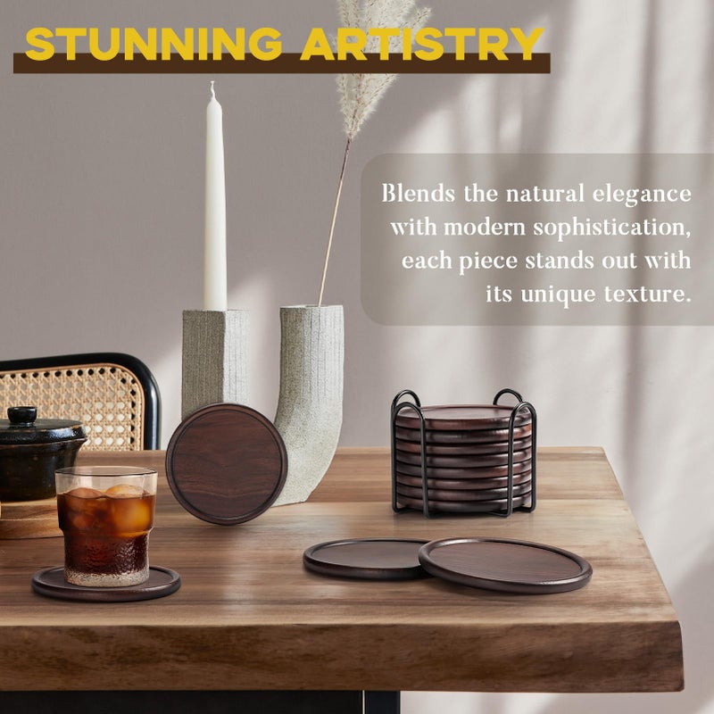 GOH DODD Wood Coasters with Metal Holder, GOH DODD Set of 8 Walnut Wooden Coaster Tabletop Protection for Drinks Coffee Table Home Kitchen Office Bar Living Room Decor Housewarming Gifts Wedding Party, 4 Inch - Image 3